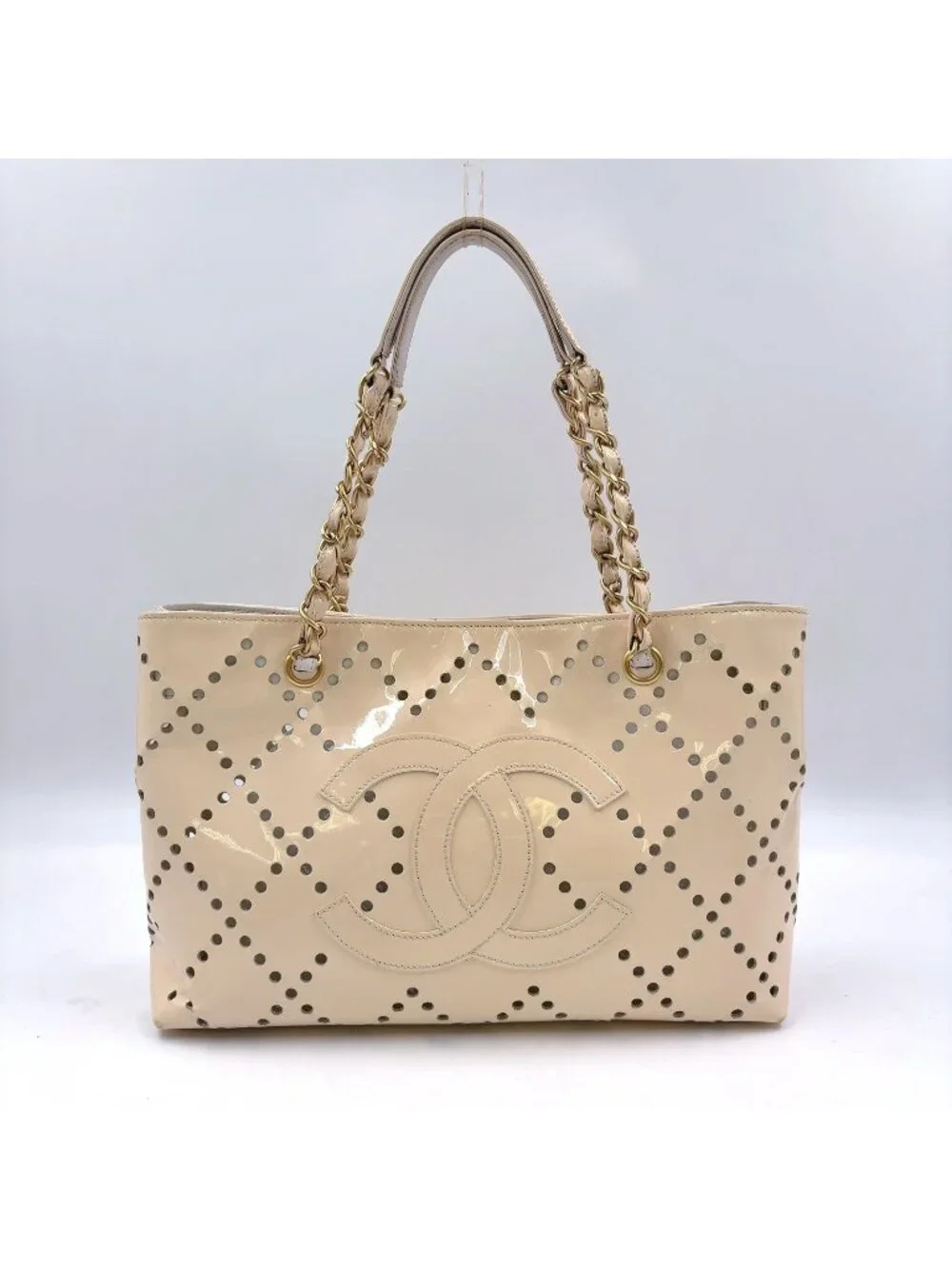 Chanel CC Logo Perforated Enamel Leather Beige Tote Gold